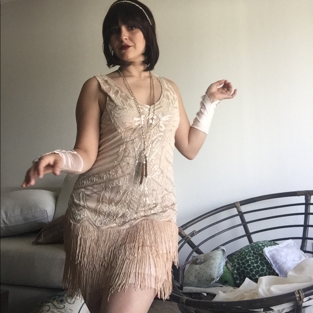 Champagne Gatsby Flapper Dress with Fringe